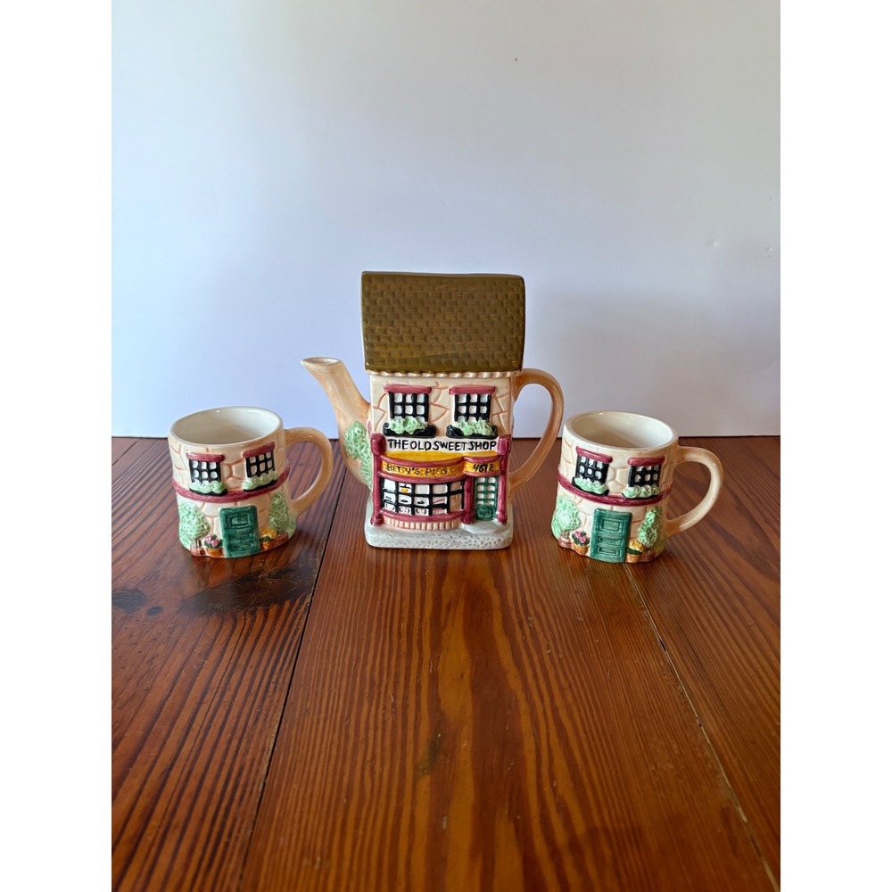 Vintage "The Old Sweet Shop" Novelty Ceramic Lidded Teapot w/ Mugs Cottagecore